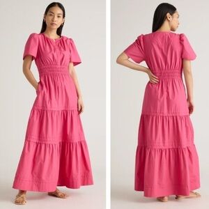 Quince Hot Pink Short-Sleeve Tiered Maxi Dress